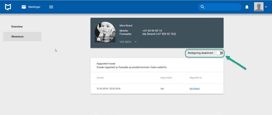 redigere barnets profil. Klikk på «Absences» i menyen til venstre.