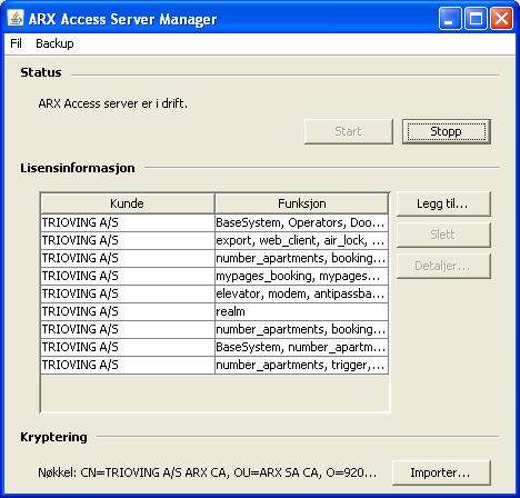 SYSTEM Lisens Lisenser legges inn på server via knappen Legg til... I ARX klient kan man se hvilke lisenser man har ved å gå via System Lisens.