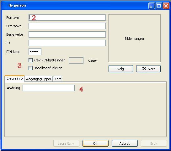 Klikk på knappen Ny Vindu for å legge inn en ny person. 2. Fyll inn alle personopplysninger du vil ha med. Om du ikke legger inn en unik ID selv vil systemet opprette en. 3. Fyll inn PIN-kode.