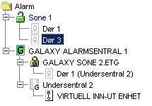 Legg til en Galaxy sone Du er nå tilbake i alarmtreet Der er det opprettet en Galaxy alarmsentral (merket med en G) med tilhørende ARX undersentral som den er koblet til.