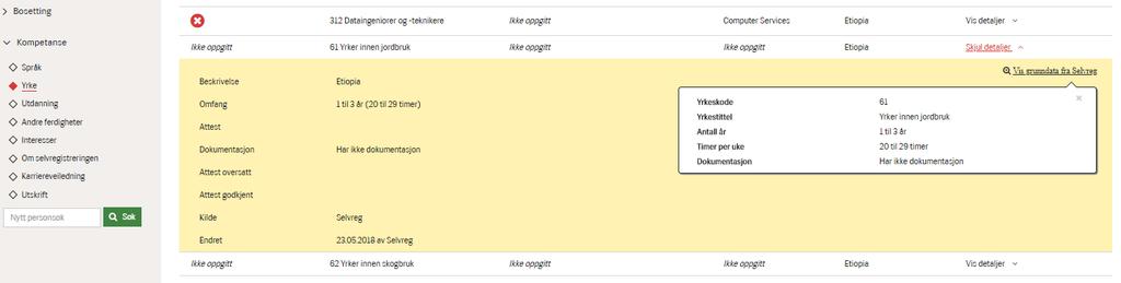 Nedenfor er eksempel på hvordan registrering fra Selvreg vil se ut når man klikker på «Vis detaljer» og «Vis