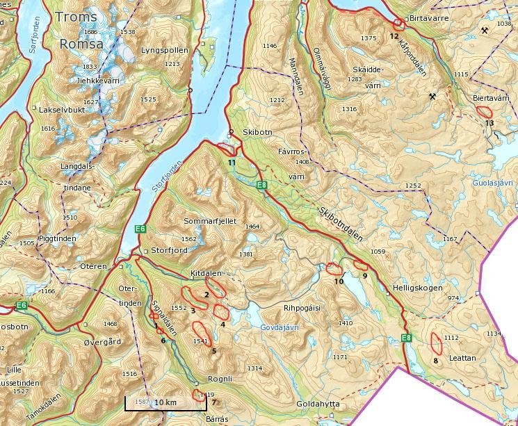 1.Lokalitetene vi besøkte i Indre Troms, i kommunene Storfjord og Kåfjord: 1: Gustavtjørna og myra Sennekjosen i Signaldalen 2: Midterdalen og Midtdalsvollen 3: Orjjessuorgi / Sørdalen 4: