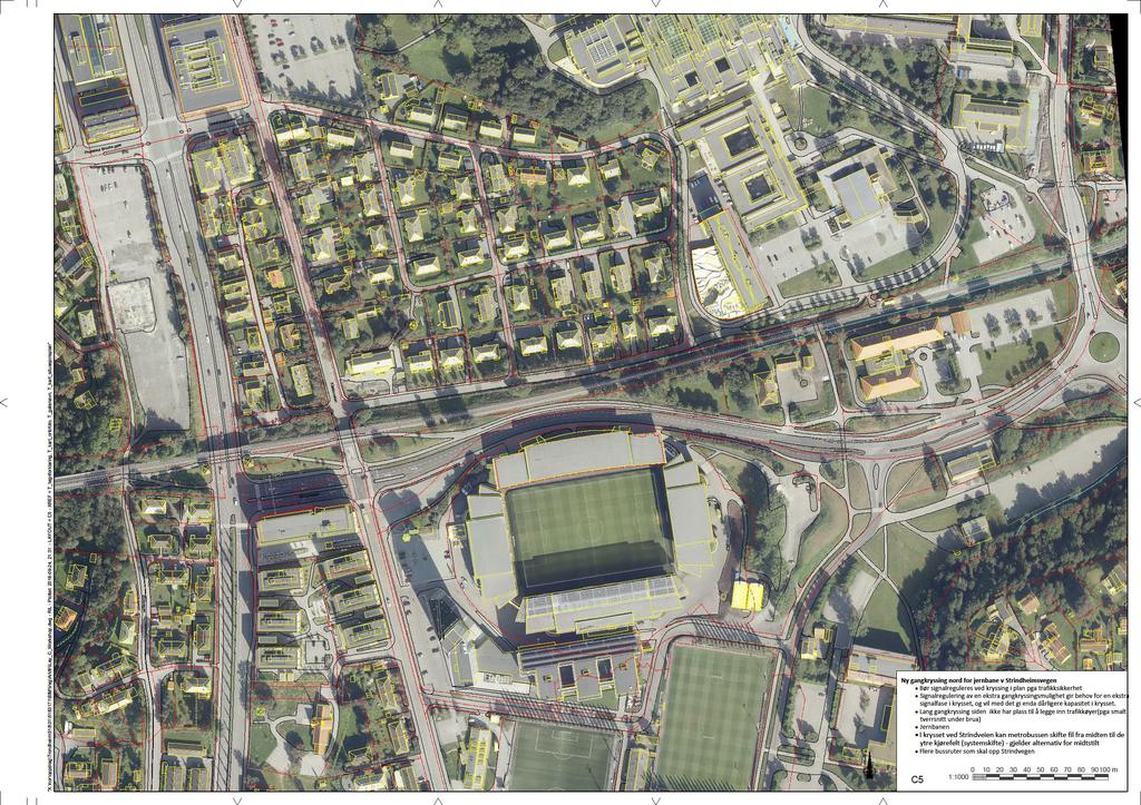 Kartgrunnlag C5 Strindveien Ny gangkryssing nord for jernbane ved Strindheimsvegen, hovedutfordringer: plankryssing for sykkel Bør signalreguleres ved kryssing i plan pga trafikksikkerhet