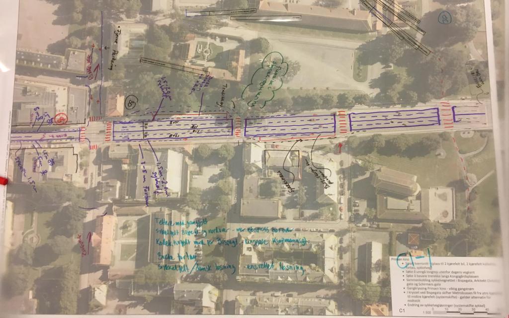 C1-1 Diskusjon rundt alternativ: Elgestergate er en for bred bymotorveg ta byen på alvor Lag nok plass for gående reduser bredder på kjøreareal Tettere med gangfelt Gangfelt i forlengelse av