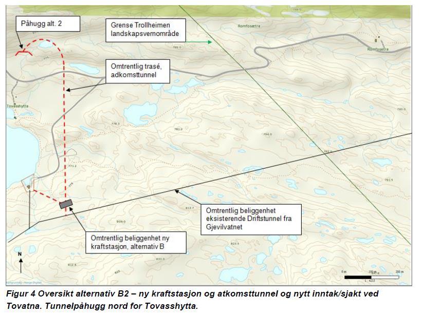 100 m høye fallet mellom Tovatna og trykklinjen på tilløpstunnelen til Driva kraftverk.