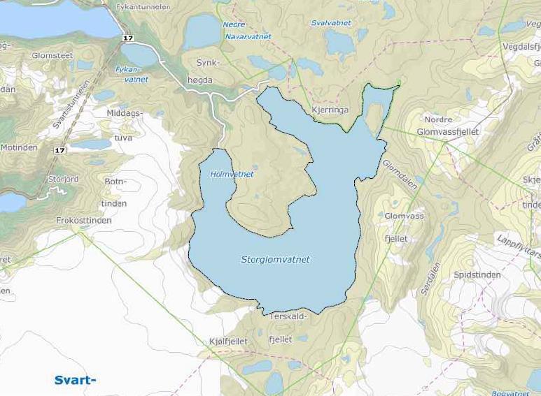 12 4.4.2 Storglomvatnet Storglomvatnet er et kartlagt friluftsområde og en regulert innsjø med en reguleringshøyde på 125 meter.