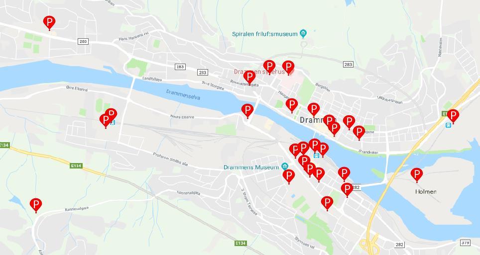 2 Dagens situasjon Figur 11: Større parkeringsplasser og parkeringshus i Drammen. Kilde Google Maps, 11.04.2018; og Multiconsult.