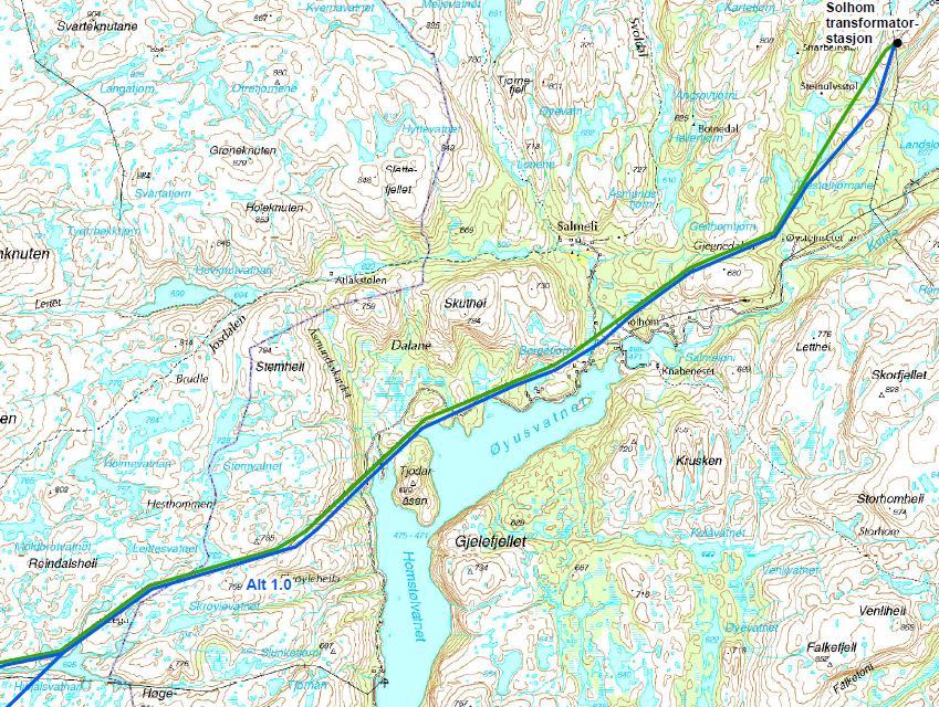 Side 32 Figur 10: Delstrekning Ertsmyra Ribjalsvatn Landskap og friluftsliv Fra Ribjalsvatn til Homstølsvatnet vil ledningen gå oppe på et fjellplatå ca. 700 meter over havet.