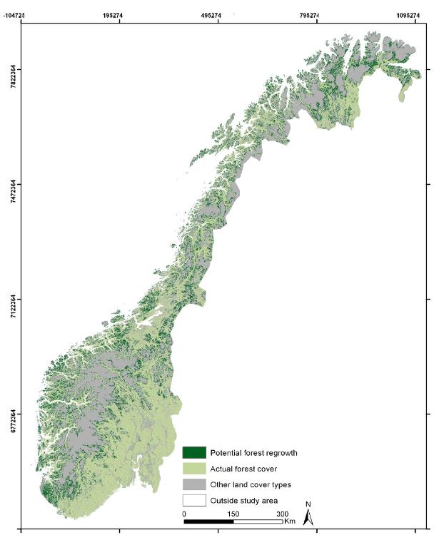 Figur 8.1 Kartmodellen viser områder i Norge som kan gro igjen med skog. (Bryn & Angeloff, 2015) Det neste kartet viser sau og lam som er sluppet på beite gjennom beitelag.