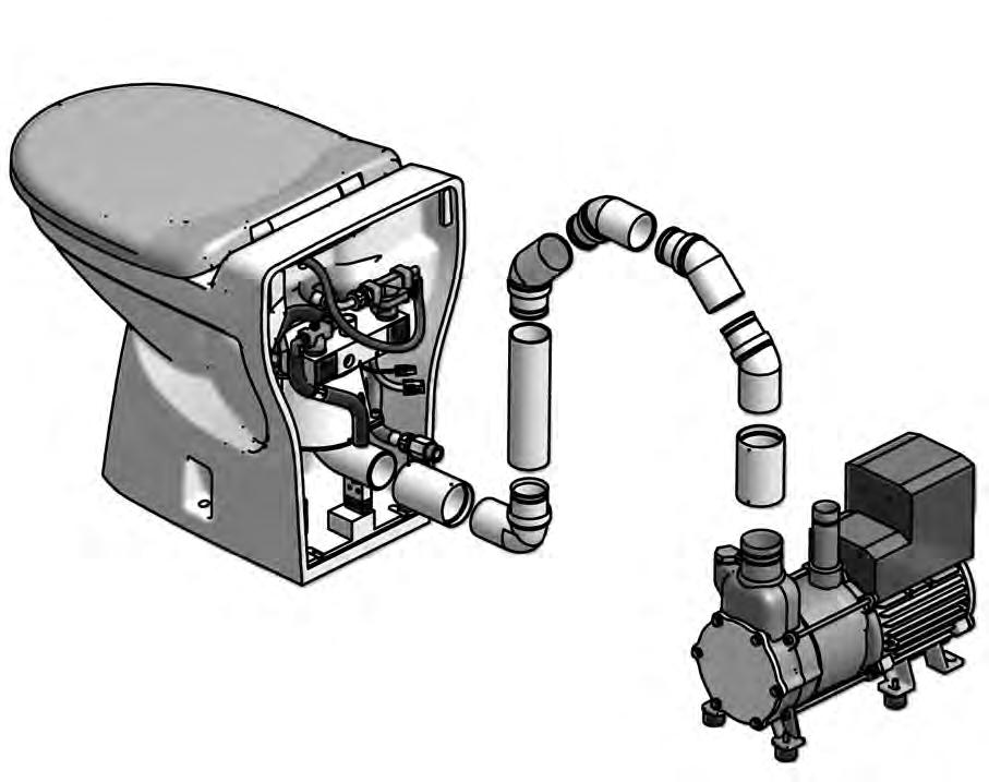 Montering - toalett Toalett tilkoblet trykkvann skal alltid monteres i rom med sluk. Toalettet skal alltid plasseres på nivå med, eller høyere enn Vacuumarator pumpen. Se rørguide VOD.