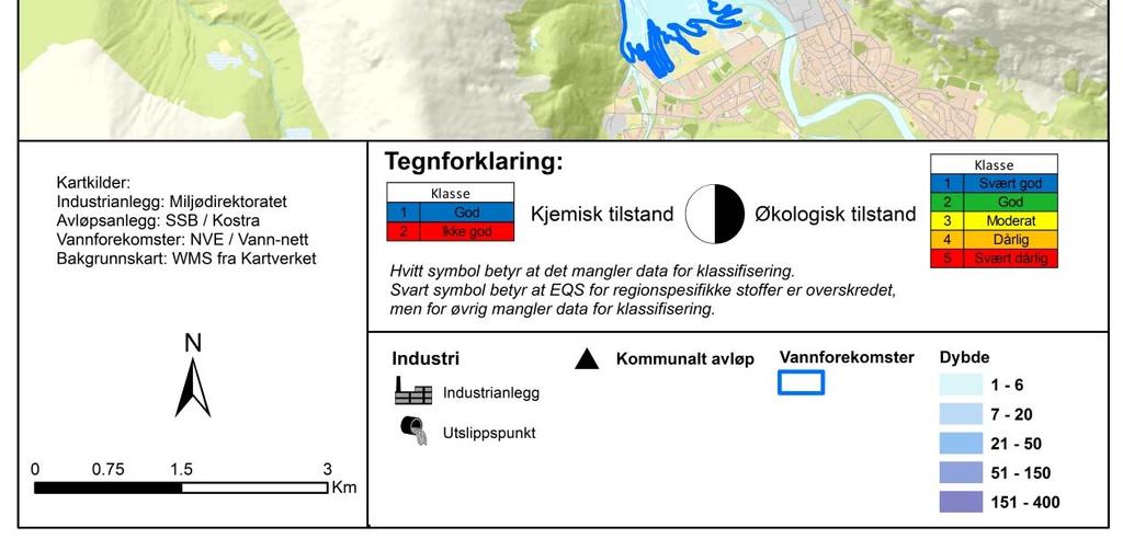 Vannregionspesifikke stoffer som overskrider EQS-verdien angis i stedet med sort halvsirkel.