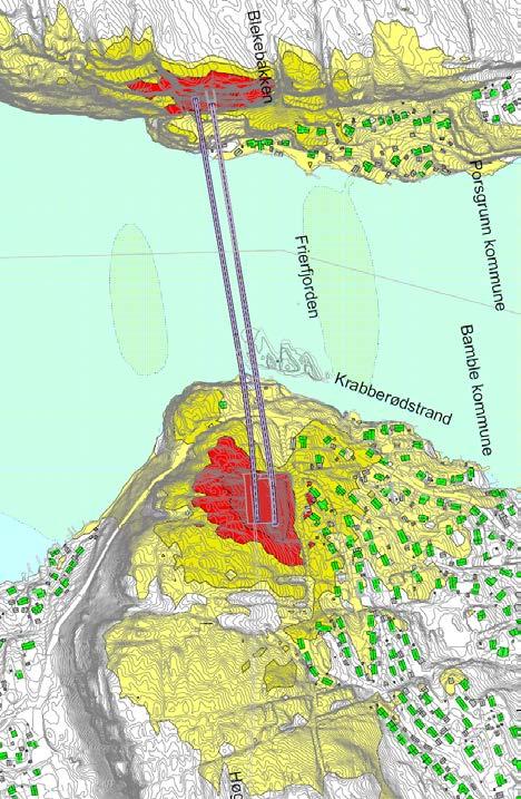 Støyberegningskartet for Grenlandsbrua viser at for boligfeltet nord for brua vil støyen øke noe, pga. at ny bru og tunnelportal kommer litt lenger fra den skjermende terrengformasjonen.