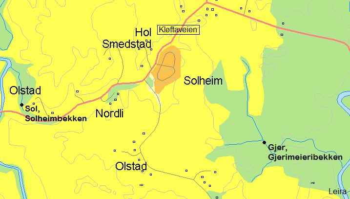 Samtlige bekker har utløp i Gjermåa, bortsett fra Gjerimeieribekken som har utløp i Leira. Figuren ovenfor viser plasseringen av Kul3, Kul2, Kjær, Sol og Gjer i detalj.