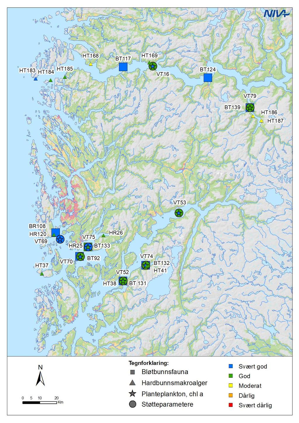 Figur 1.Tilstandsvurdering basert på biologiske kvalitetselementer og vannkjemiske støtteparametere per stasjon i delprogram Nordsjøen Nord.