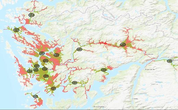 Grafane nedanfor viser 90-percentilen for responstida for raude og gule oppdrag fordelt på tid på døgnet i Bergen kommune.
