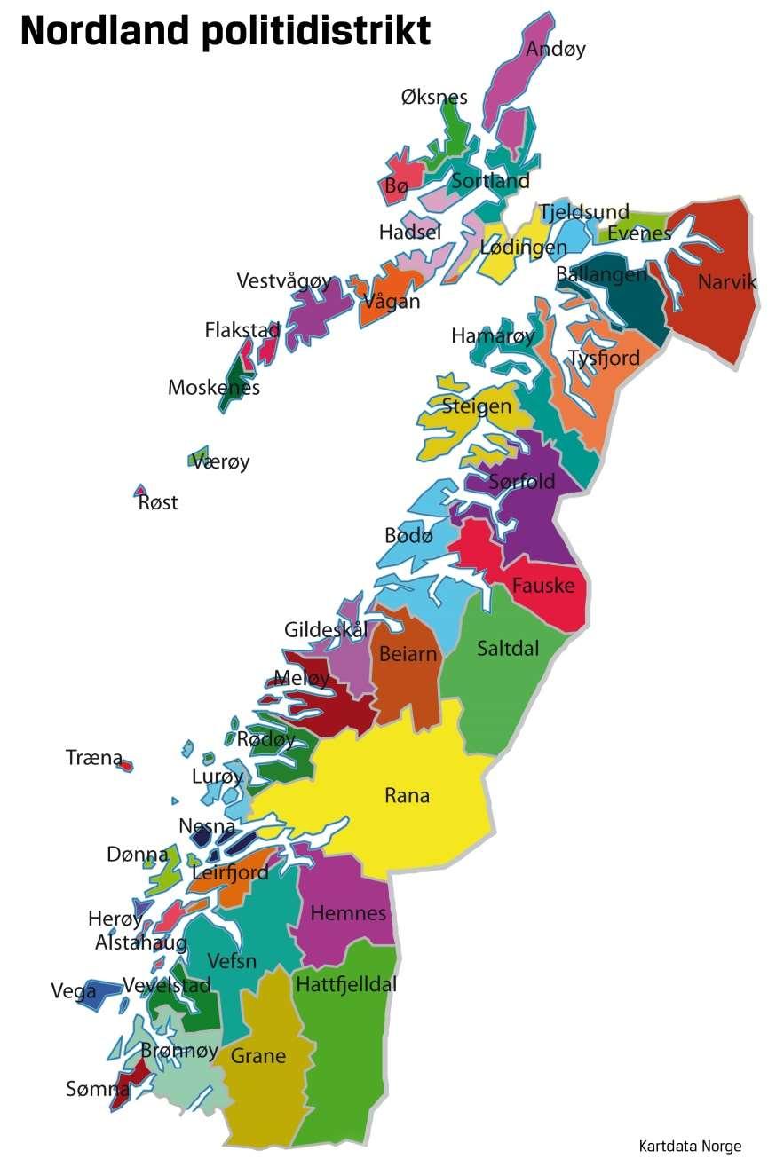 Nordland politidistrikt Nordland politidistrikt etablert 1.1.16 Hele Nordland fylke unntatt Bindal kommune samles + Gratangen i Troms.