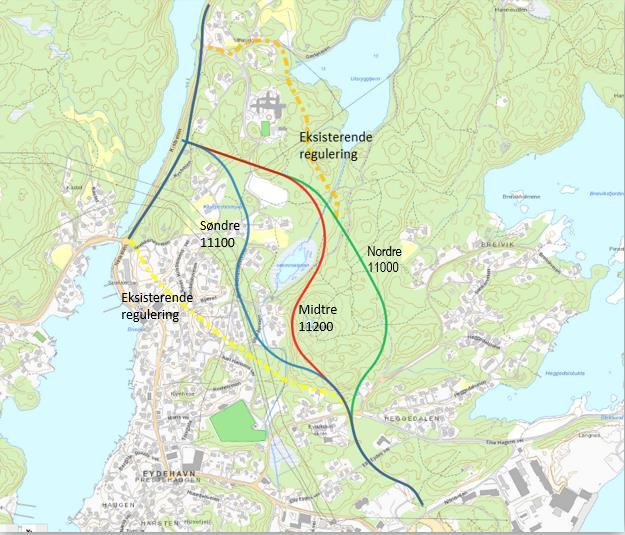 3 Siling av alternativer og anbefaling for videre detaljregulering 3.1 Områdeavgrensing med alternative korridorer Heltrukne linjer; grønn, rød, blå viser alternativer for siling.