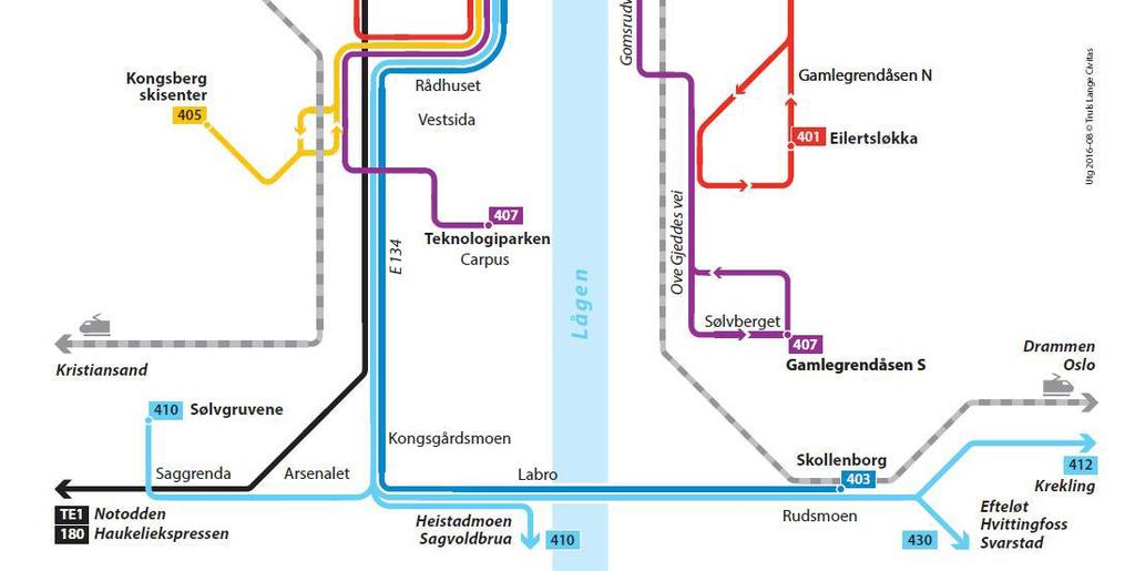 Linjekart for busstilbudet i Kongsberg.