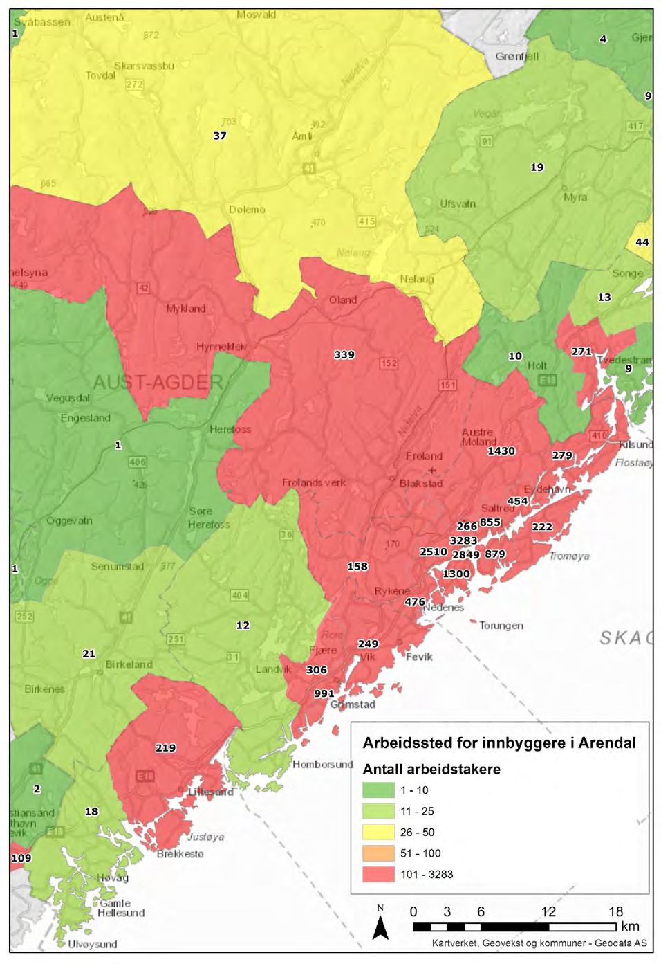 Illustrasjon: Arbeidssted for innbyggere i Arendal kommune, fordelt på kommunedeler.