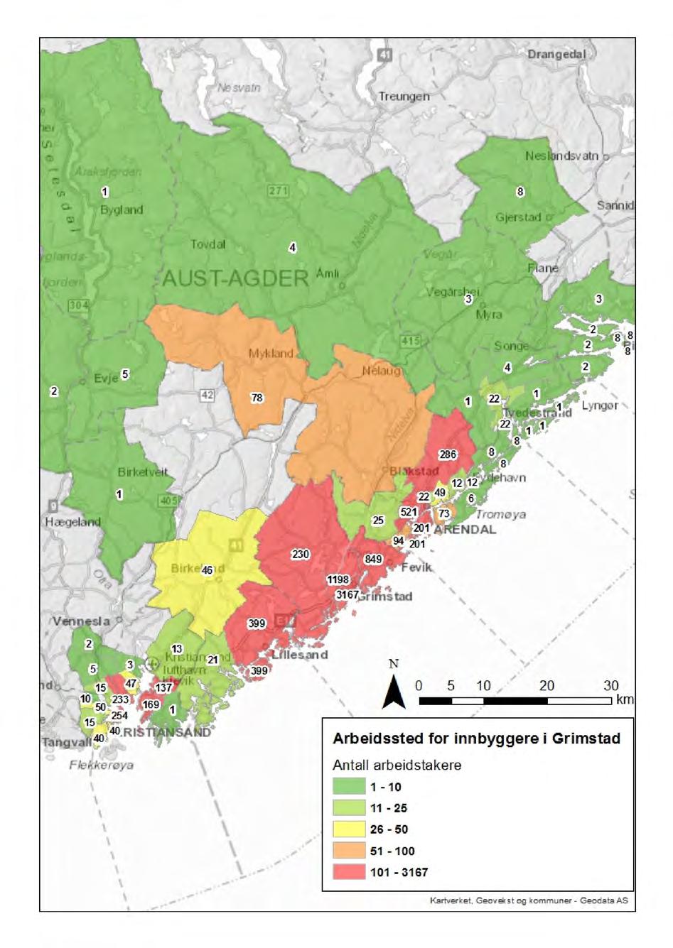 14 Illustrasjon: Arbeidssted for innbyggere i Grimstad kommune, fordelt på kommunedeler.