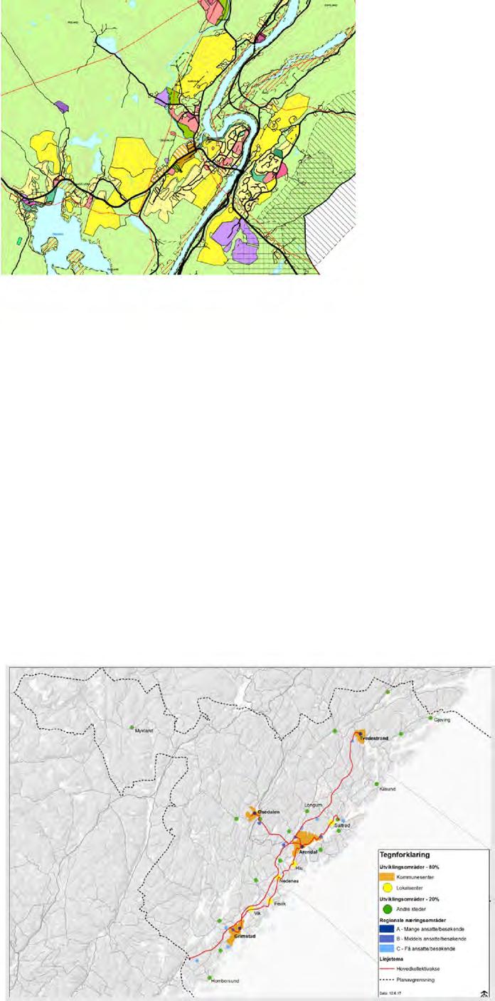 Illustrasjon: Utdrag fra arealdelens plankart, Froland kommune 2014. Lys gul uttrykker eksisterende boliger, mens mørk gul er arealer for framtidig boligbygging.
