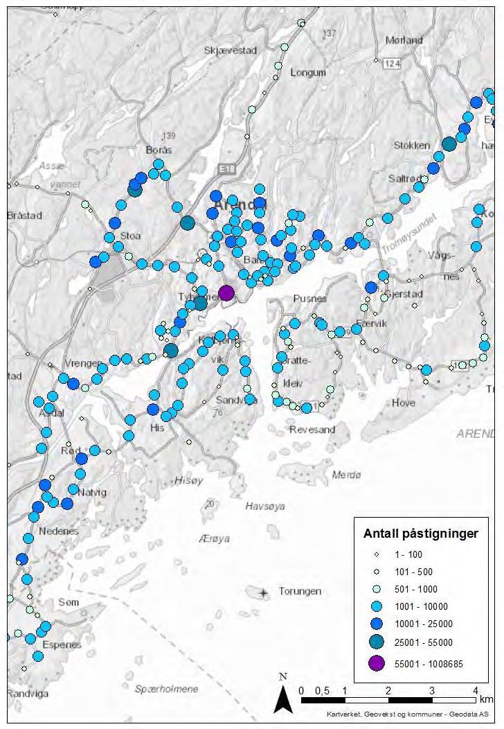 24 Illustrasjon: Sum antall påstigninger pr holdeplass pr dag, Arendal, sum 2.