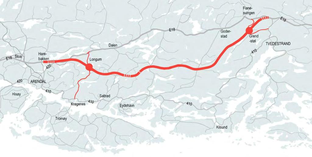 4.3 NY E18 TVEDESTRAND ARENDAL Nye og raskere veiforbindelser knytter byene tettere sammen, og utvider bolig- og arbeidsmarkedet. Bedre veier betyr økt trafikk og økt aktivitet mellom byene.