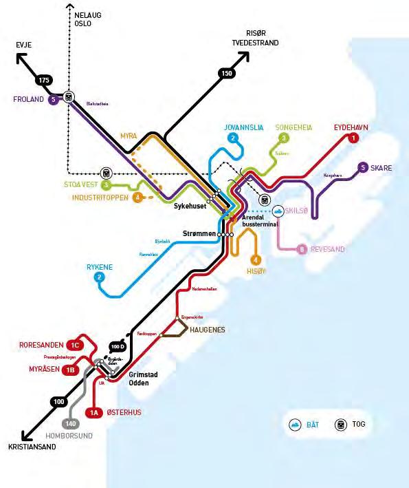Illustrasjon: Anbefalt rutetilbud 2018-2024 (M8 Design). Det omtalte rutetilbudet innebærer styrking at tilbudet der kollektivtrafikken har best potensial for å ta markedsandeler.