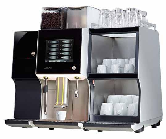 Koppvarmekapasitet på 80 120 kopper Cafina XT6 er en helautomatisk maskin for kaffespesialiteter, til servering og selvbetjening. Den avbildede varmer også kopper og kjøler melk.