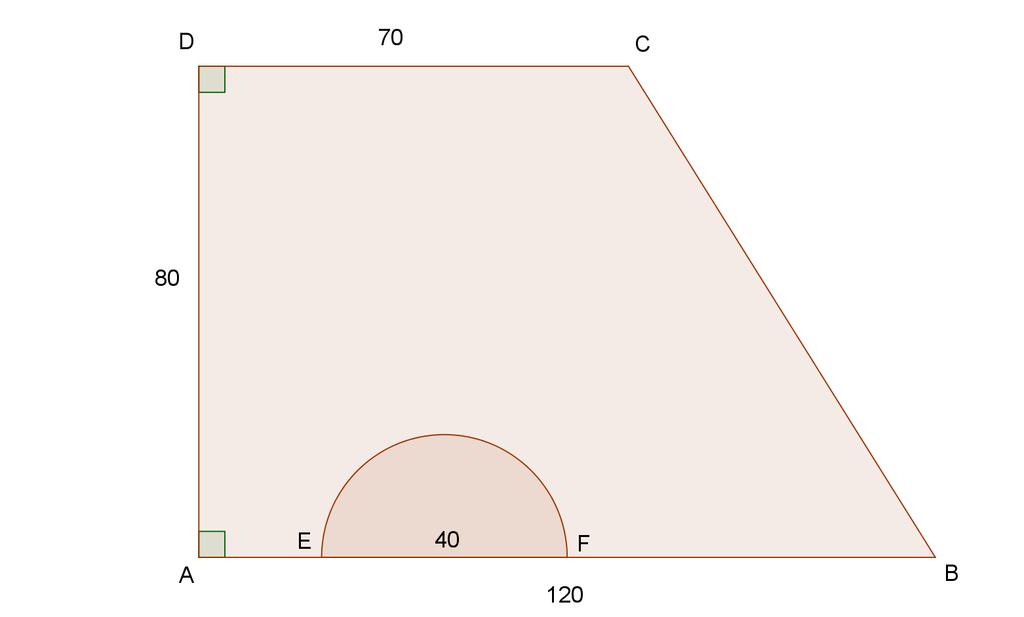 OPPGAVE 11 Firkanten ABCD nedenfor viser golvflaten i et konsertlokale. Alle mål er gitt i meter. Halvsirkelen mellom E og F viser en scene som er hevet over golvet. Scenen har diameter 40 m.