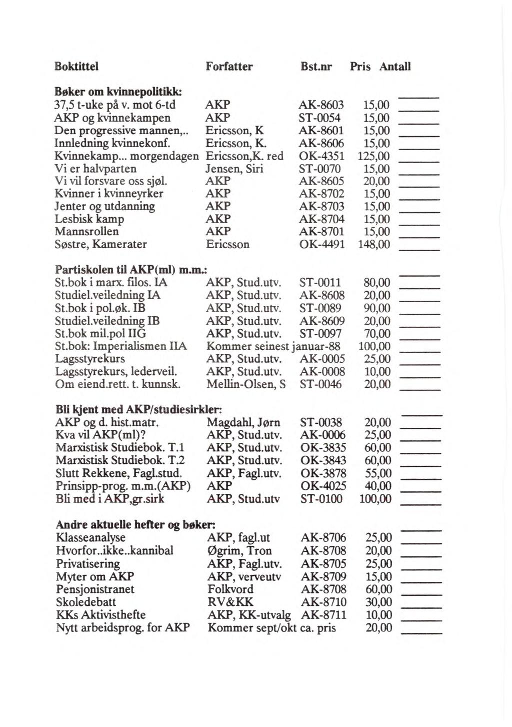 Boktittel Forfatter Bst.nr Pris Antall Bøker om kvinnepolitikk: 37,5 t-uke på v. mot 6-td AKP og kvinnekampen Den progressive mannen,.. Innledning kvinnekonf. Kvinnekamp.