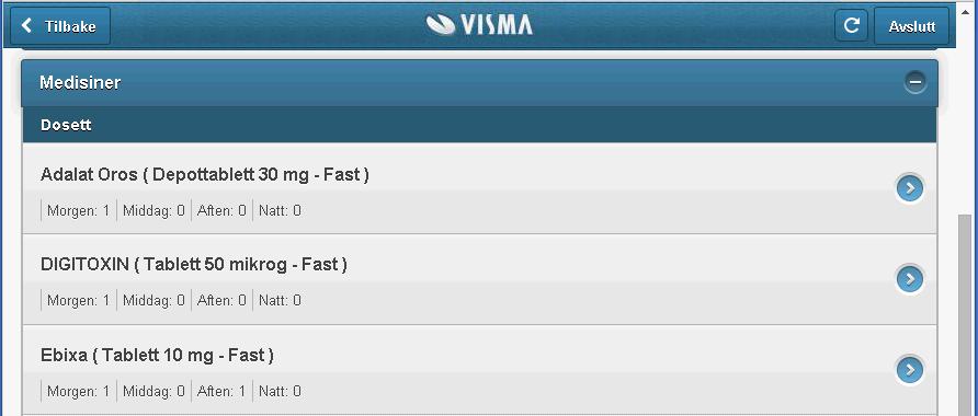 21 av 37 4.3.1 Medisiner Klikk på den blålinjen eller pluss (til høyre på linjen) for å åpne slik at du kan lese informasjon om brukers medisiner.
