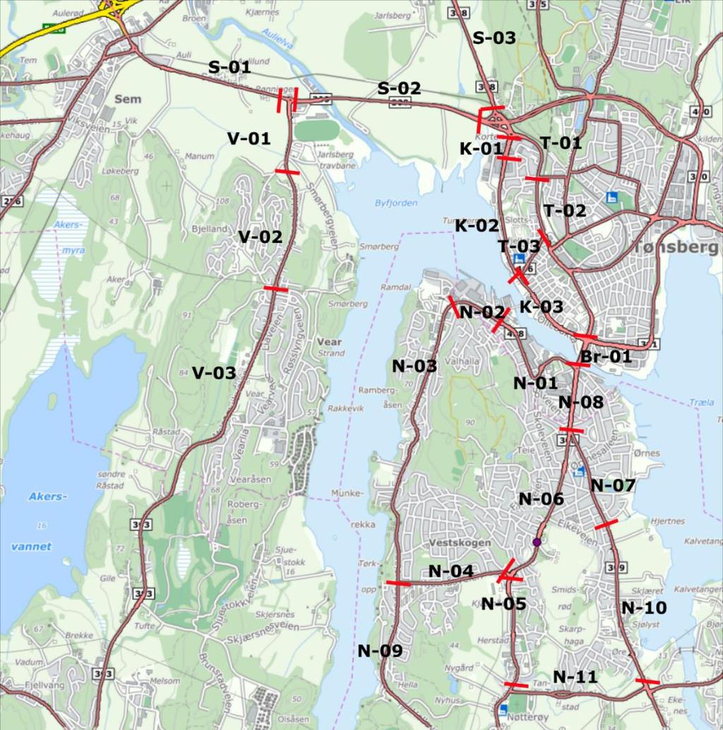 Område Strekning ÅDT 2016 ÅDT 2024 0-alt 10000 11000 11500 12000 12200 16200 16730 Vegkode Hastighet [km/t] Tungtrafikkandel [%] Kjernåsvn. mot Borgheim Nøtterøy N-10 Fv.