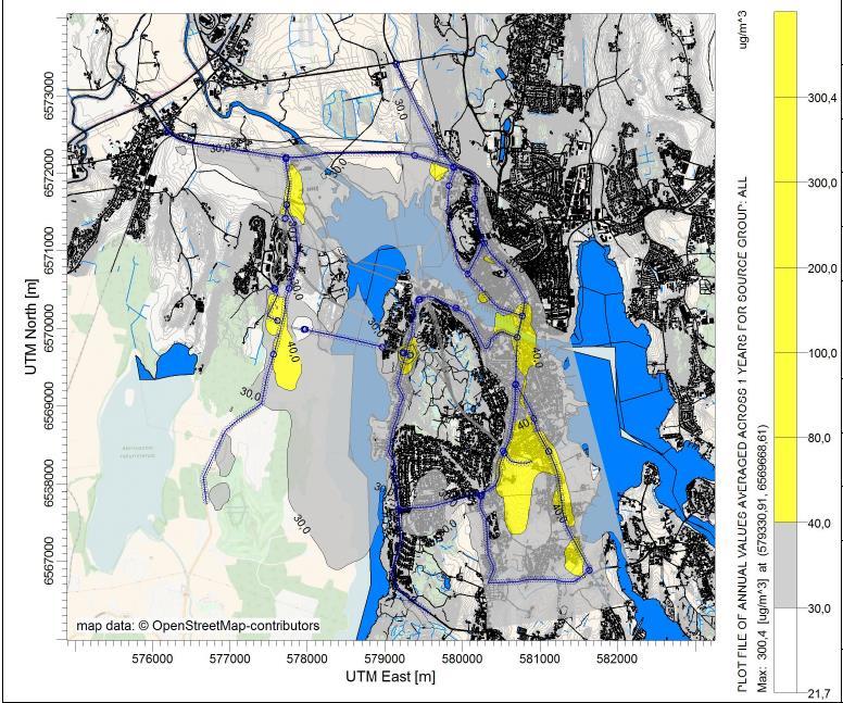 Figur 12:Alternativ 10000. Gul forurensnings for NO2. PM10 Utbredelsen av rød og gul luftforurensnings for PM10 er vist i Figur 13. GIS-analysen viser at 11 boliger ligger i rød.