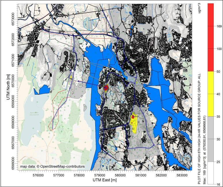 Figur 13: Alternativ 10000. Rød og gul forurensnings for svevestøv, PM10.