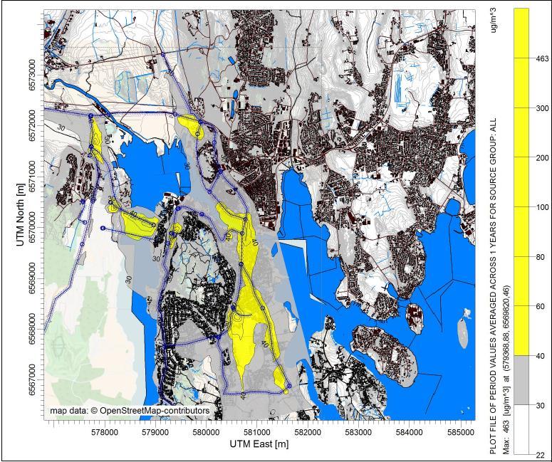 Figur 18: Alternativ 11500. Gul forurensnings for NO2. PM10 Utbredelsen av rød og gul luftforurensnings for PM10 er vist i Figur 19.