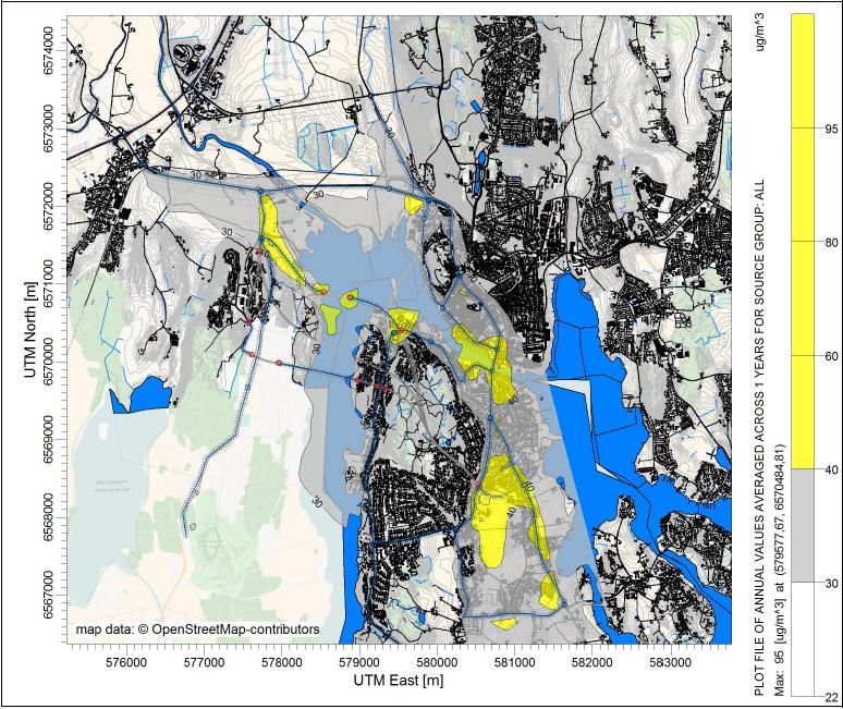 Figur 21: Alternativ 12200. Gul forurensnings for NO2. PM10 Utbredelsen av rød og gul luftforurensnings for PM10 er vist i Figur 22.