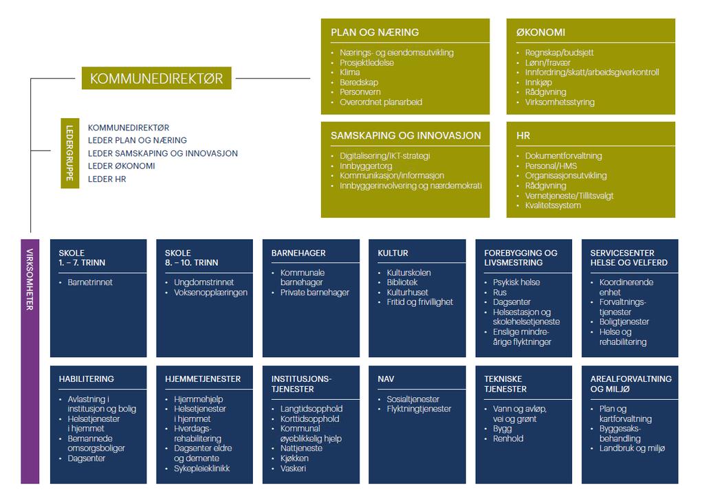 Side 4 VURDERING Administrativt organisasjonskart i ny kommune Med bakgrunn i intensjonsavtalen, politisk organisering og styringsgruppenes anbefalinger vurderes følgende administrative