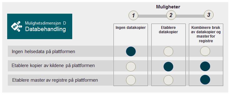 D. Databehandling: Denne dimensjonen beskriver valg av datastrategi, hvorvidt data skal lagres på Helseanalyseplattformen eller ikke, og om Helseanalyseplattformen skal være master for