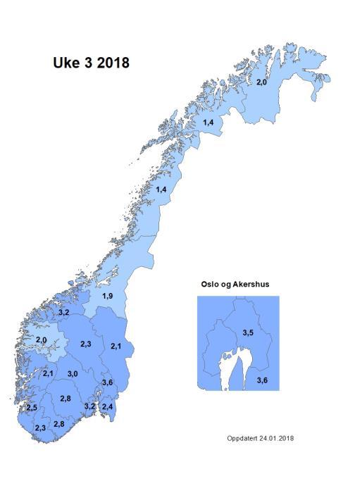 influensalignende sykdom fordelt på fylke de siste fire ukene.