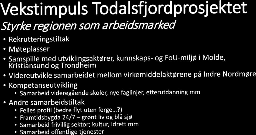 44 Vekstimpuls Todalsfjordprosjektet Styrke regionen som arbeidsmarked RekrutteringStiltak Møteplasser Samspille med utviklingsaktører, kunnskaps- og FoU-miljø i Molde, Kristiansund og Trondheim