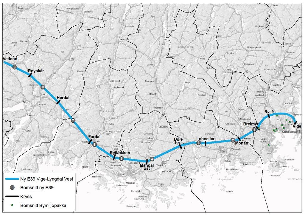 E39 Kristiansand vest Lyngdal vest er prioritert 62 km ny firefelts vei med fartsgrense 110 km/t er