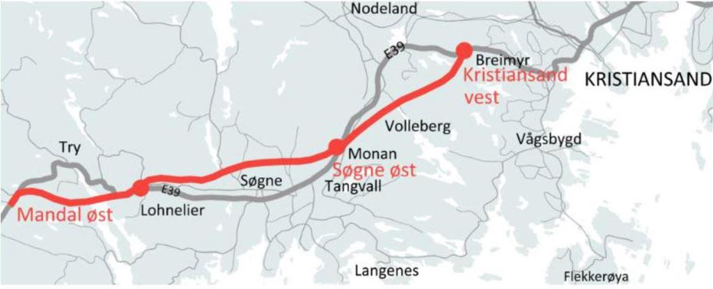 Kontrakt A: Ny E39 Kristiansand vest Mandal øst fartsgrense 110 km/t Totalt 19 km firefelts motorvei 110 km/t 7 bruer 40-520 m 5 tunneler