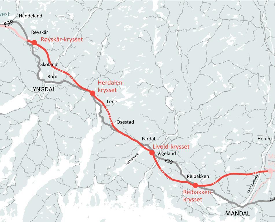 E39 Kristiansand vest Lyngdal vest (62 km) Kontrakt C (Mandalselva-Lyngdal vest) Strekning: 37 km firefelts vei 110 km/t Vurderes delt opp i to delkontrakter.