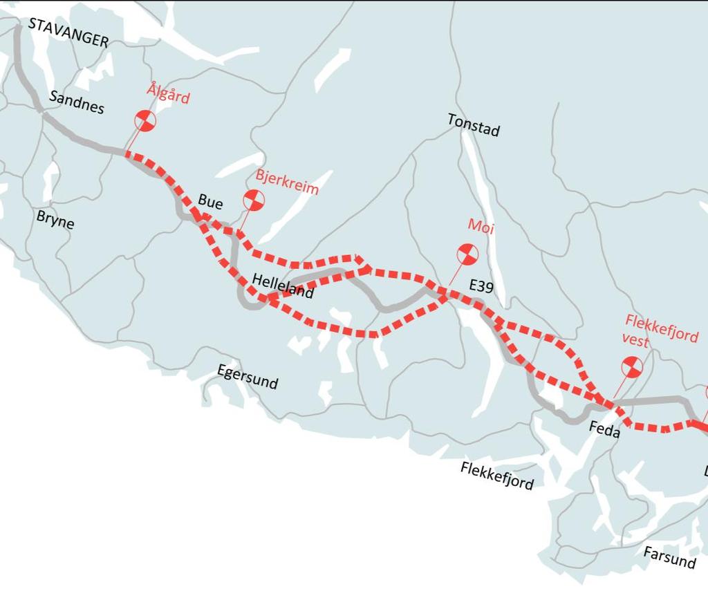 E39 Lyngdal Ålgård (ca. 97 km) Statlig plan i regi Statens vegvesen. Planlegges for firefelts vei med fartsgrense 110 km/t. Planprogrammet har vært på høring. Avklaringer pågår på departementsnivå.