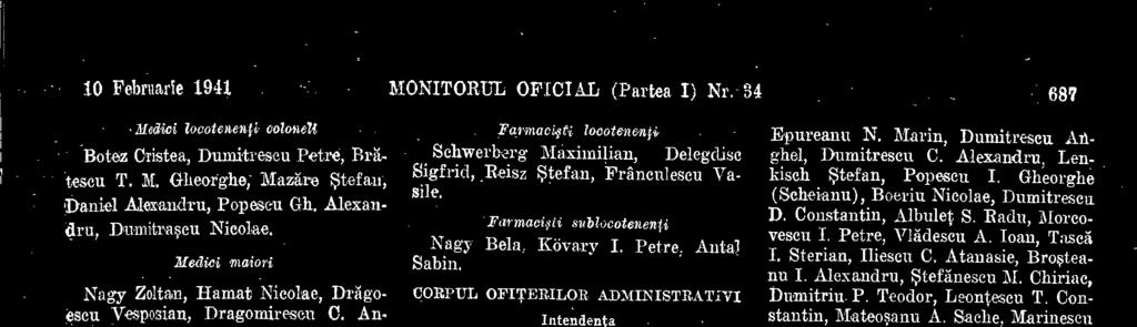 Farmacisti sublocoteneny Nagy Bela, Köva.ry I. Petre, Antal Sabin. CORPUL OFITERILOR ADMINISTRATINI Intendenta Intendanti generali de brigadd Budeanu Alexan-dru.