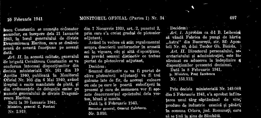 major Gheorghe Economescu se numeste in functunea de emitent al mandatelor de platk cu incepere dela 15 Ianuarie 1941, in locul adm.