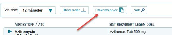 2. Trykk på knappen «Utskrift/kopier»: Du får en liste over pasientens legemidler: Listen kan sorteres etter behov ved å