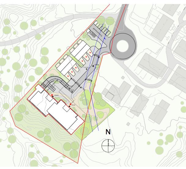 Plassering av rekkehus og blokkbebyggelse er gjort med hensyn til grunnforholdene og hensynssone for naturmiljø-viltkorridor i skråningen i sør, med rekkehus liggende mot vest og blokkbebyggelse mot