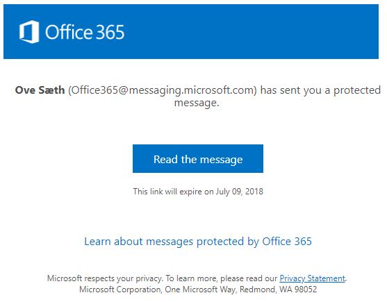 Hvis mottakeren ikke bruker et e-postprogram som kan lese kryptert e-post fra Microsoft vil e- posten bare inneholde en lenke til å lese innholdet i et nettleservindu: Mottakeren må trykke på «Les